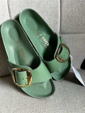 Birkenstock Madrid Big Buckle Slide in Sage Green with Gold tone Buckle